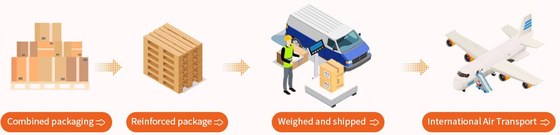 Isometric illustration in four parts: combined packaging, reinforced package, weighed and shipped, international air transport