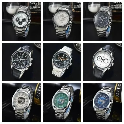 Nine chronograph watches with steel bracelets, laid out three to a row against dark and light backgrounds