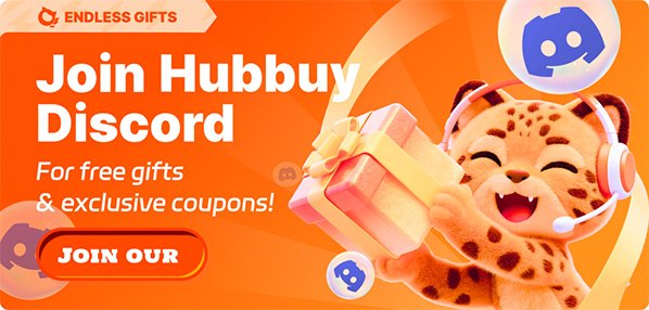 Official HubbuyCN banner advertising the Discord community, showing the brand mascot wearing headphones and holding a gift box
