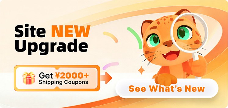 Official HubbuyCN banner announcing a site upgrade with shipping coupons, showing the mascot holding a magnifying glass