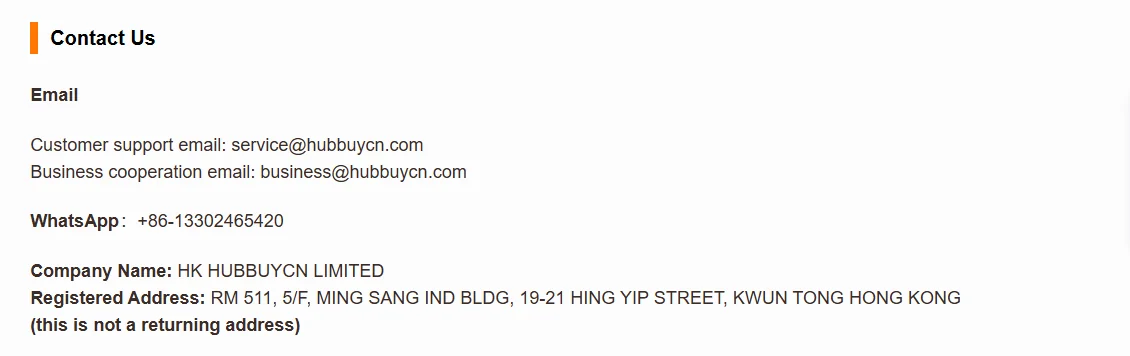 HubbuyCN contact page listing a support address, a business address, WhatsApp, and HK HUBBUYCN LIMITED with its registered address