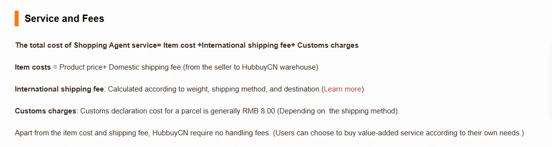 HubbuyCN fees page stating the total is the goods price plus international shipping plus duty, with customs declaration usually RMB 8.00
