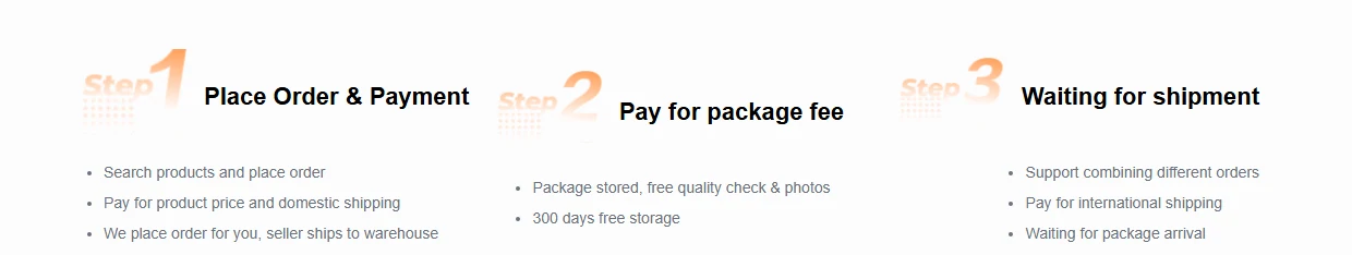 The three stage strip on the HubbuyCN homepage, with 300 days free storage printed in the middle panel