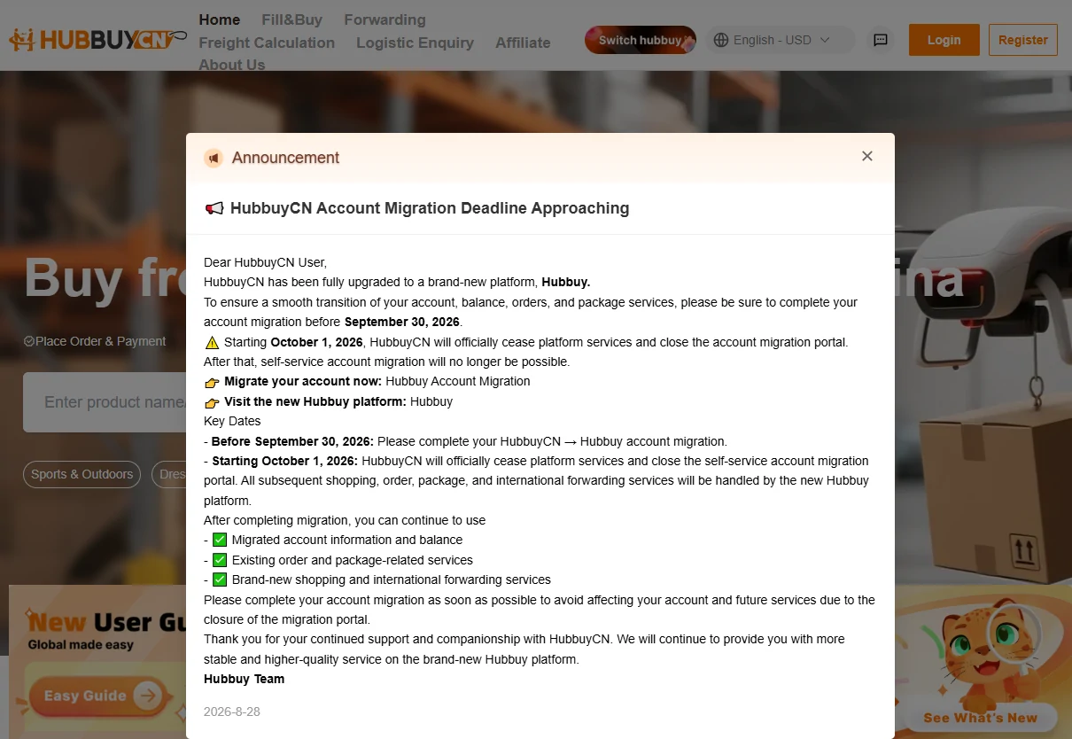 The HubbuyCN homepage announcement headed HubbuyCN Account Migration Deadline Approaching, stating the platform has been upgraded to Hubbuy, that migration closed on 30 September 2026 and that platform services cease from 1 October 2026, with a Switch hubbuy button visible in the site header behind it